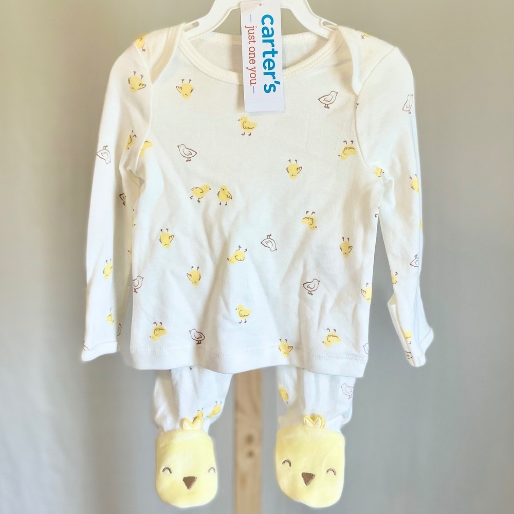 Just One You‎ by Carters Baby Pajama Set White Yellow Chick Print Footed PJs NEW